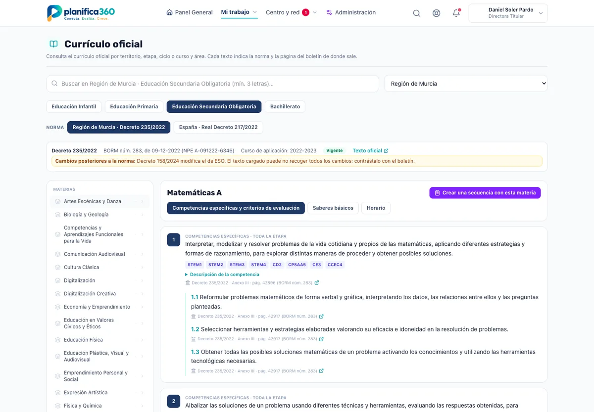 Currículo oficial de Matemáticas A de ESO con competencias específicas, criterios de evaluación y la página del boletín de cada texto